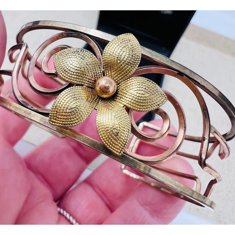 Vintage Krementz Rose Yellow Gold Overlay Flower Filigree Cuff Bracelet